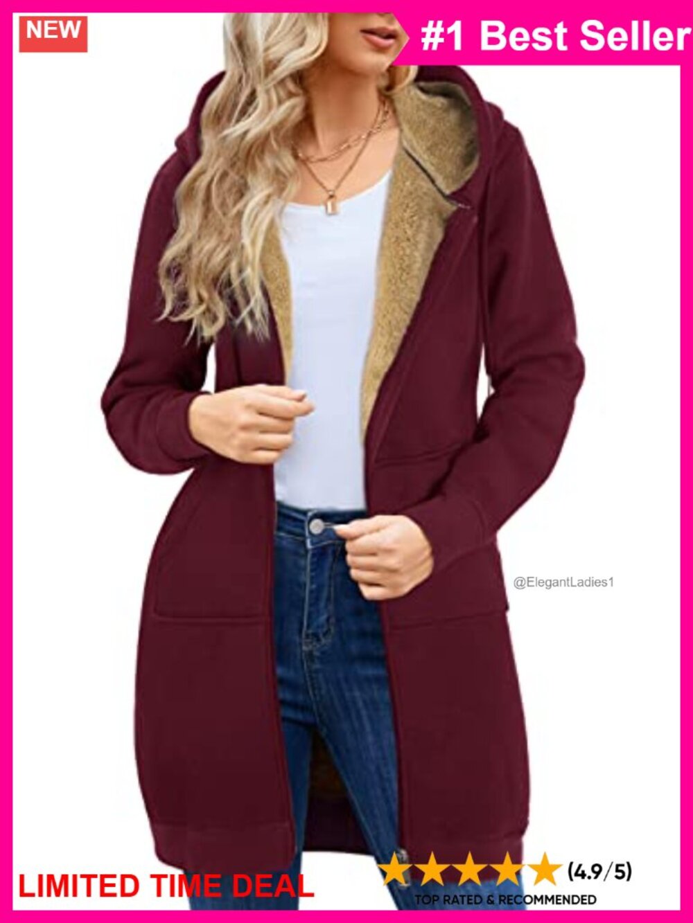 Fleece Lined Long Hoodie Zip Up Sweatshirt Sherpa Jacket